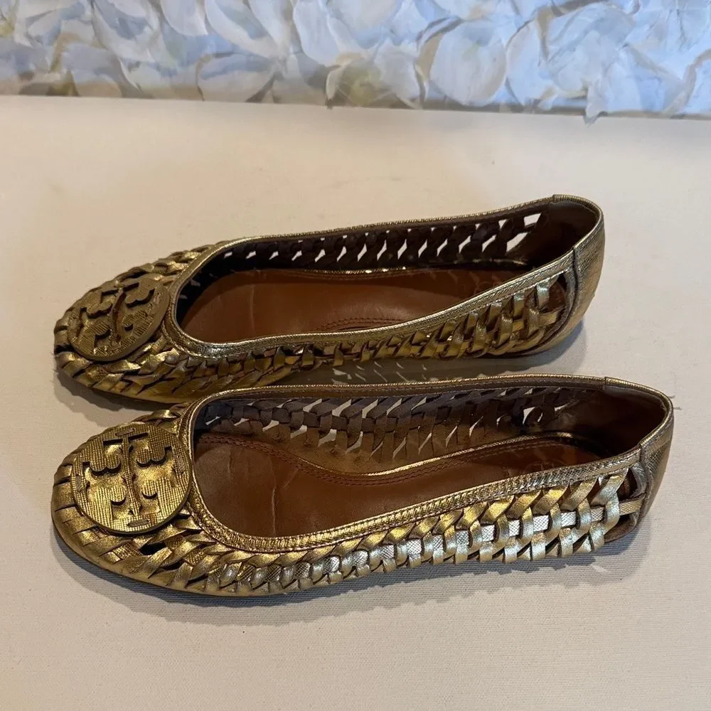 Tory Burch Metallic Gold Woven Logo Ballet Flats